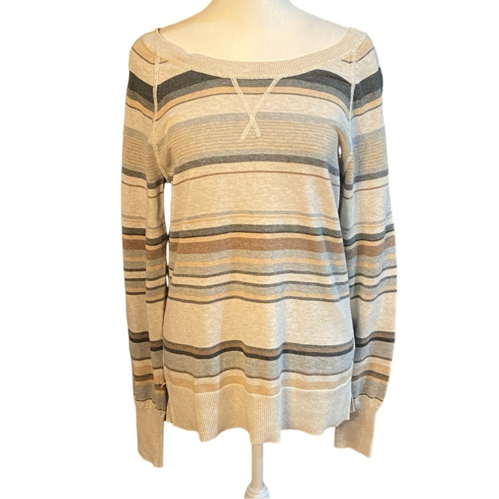 Sonoma Women's Striped Sweater - Cream, Gray, Brown. Crew Neck, size L.